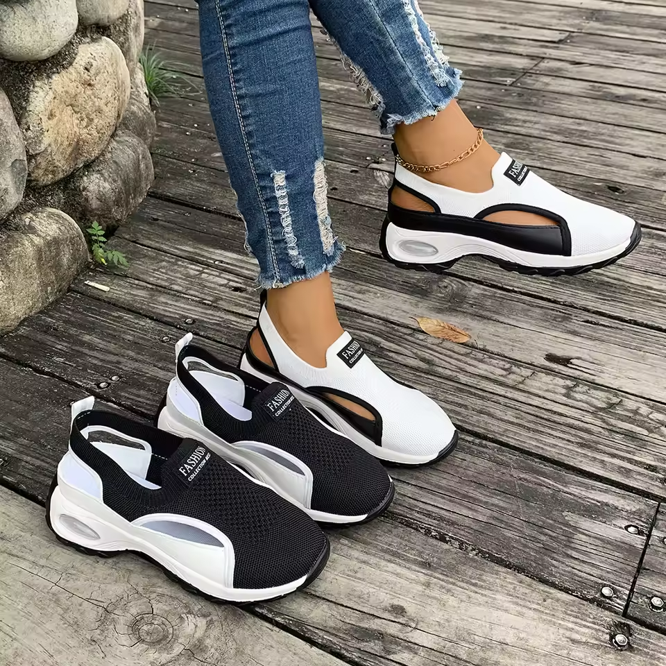 Summer Sale 50% Off❤️ Women's Lightweight Breathable Orthopedic Walking Slip-on, Black & White Camp Sneakers with Stability Support