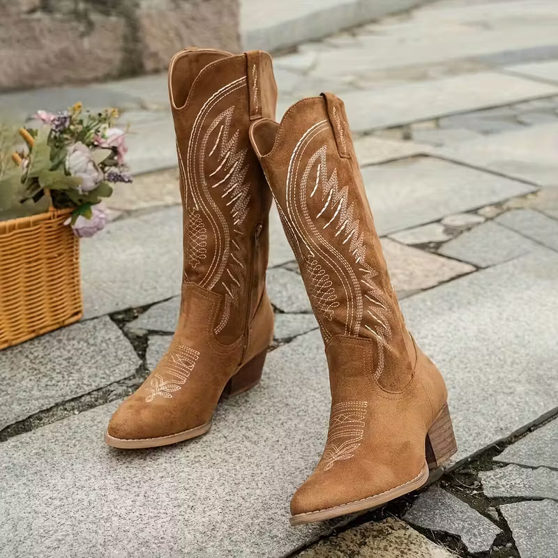 Last day 49% Off❤️ Women's Wide Calf Mid-Heel Western Boots with Zipper Closure