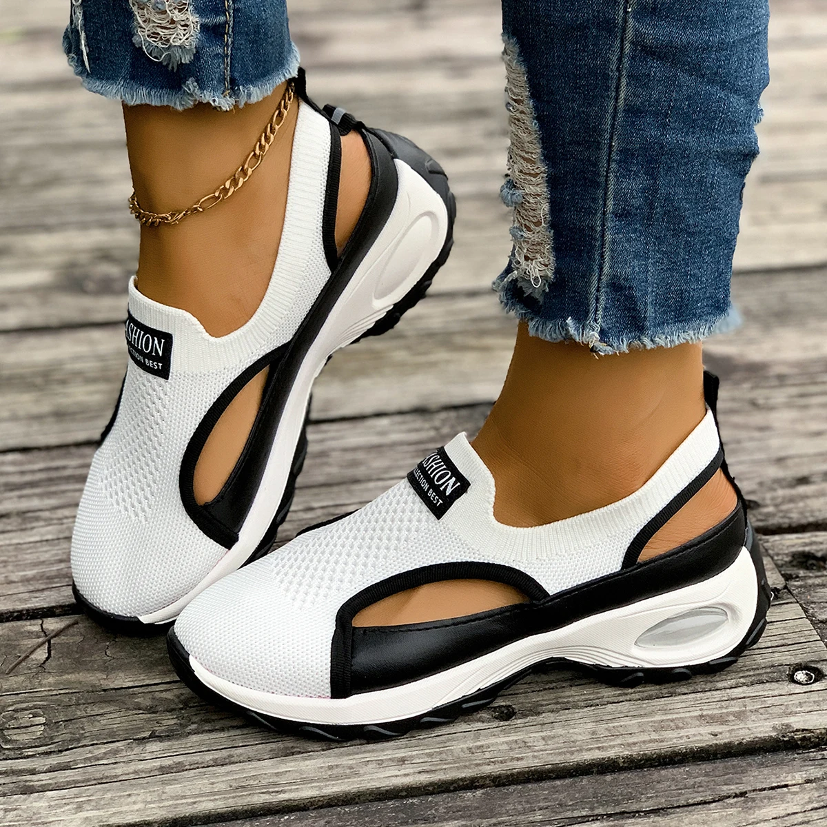 Summer Sale 50% Off❤️ Women's Lightweight Breathable Orthopedic Walking Slip-on, Black & White Camp Sneakers with Stability Support