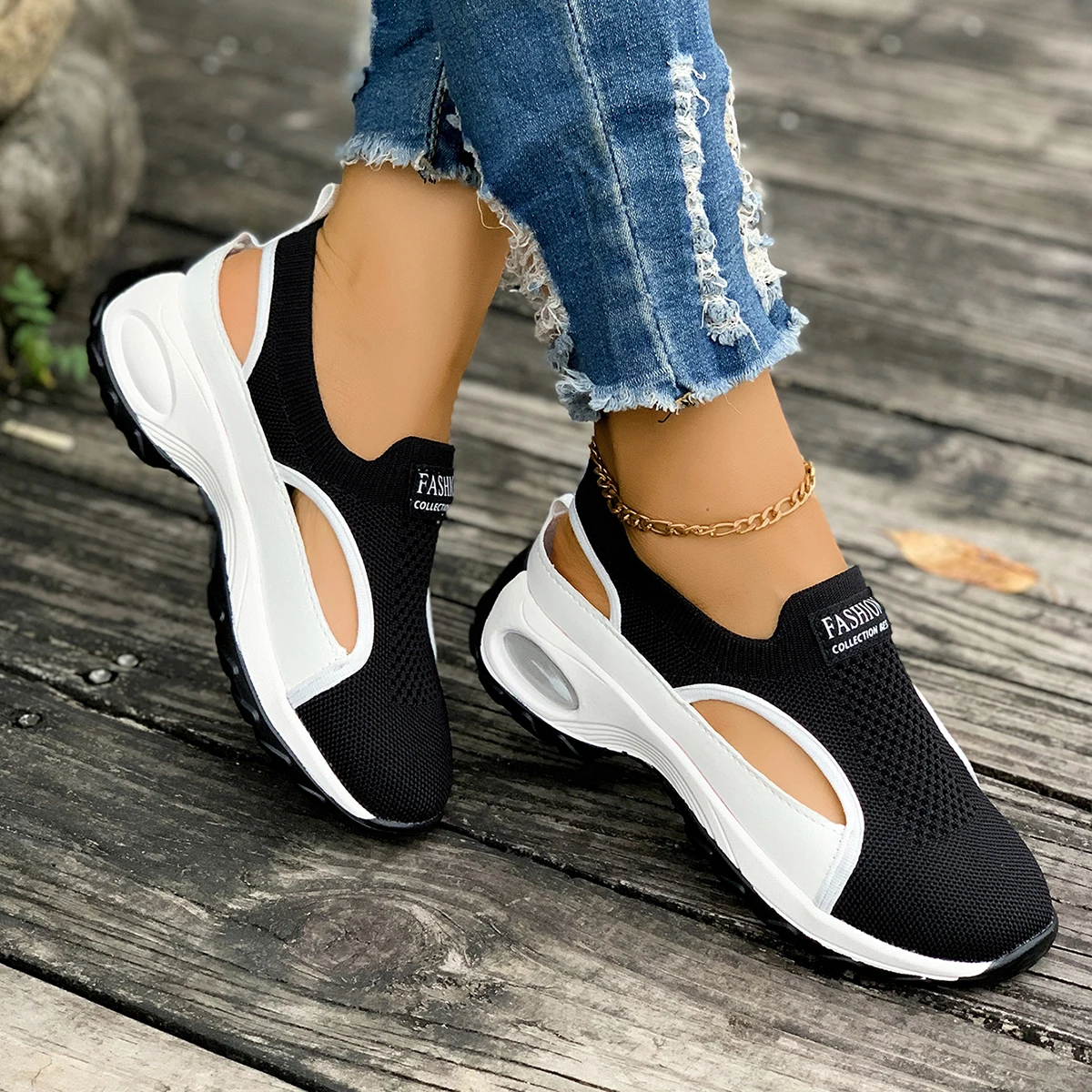Summer Sale 50% Off❤️ Women's Lightweight Breathable Orthopedic Walking Slip-on, Black & White Camp Sneakers with Stability Support
