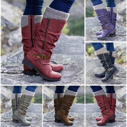 🎁Last Day  50% OFF❄️ ❤️ Women’s Leather Flat Heel Wide Mid-Calf Zipper Boots